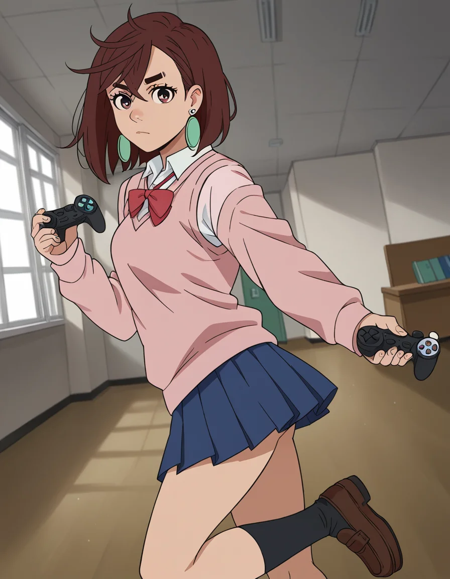 score_9, score_8_up, score_7_up, source_anime, <lora:momo-ayase-alpha-s1-ponyxl-lora-nochekaiser:1>, momo ayase, short hair, brown hair, brown eyes, bangs, thick eyebrows, medium breasts, skirt, school uniform, pleated skirt, shoes, socks, loafers, sweater vest, pink sweater, shirt, white shirt, collared shirt, earrings, green earrings,, living room, video game, controller, competitive, fun, afternoon, , looking at viewer, from side, solo,, cowboy shot, dutch angle
