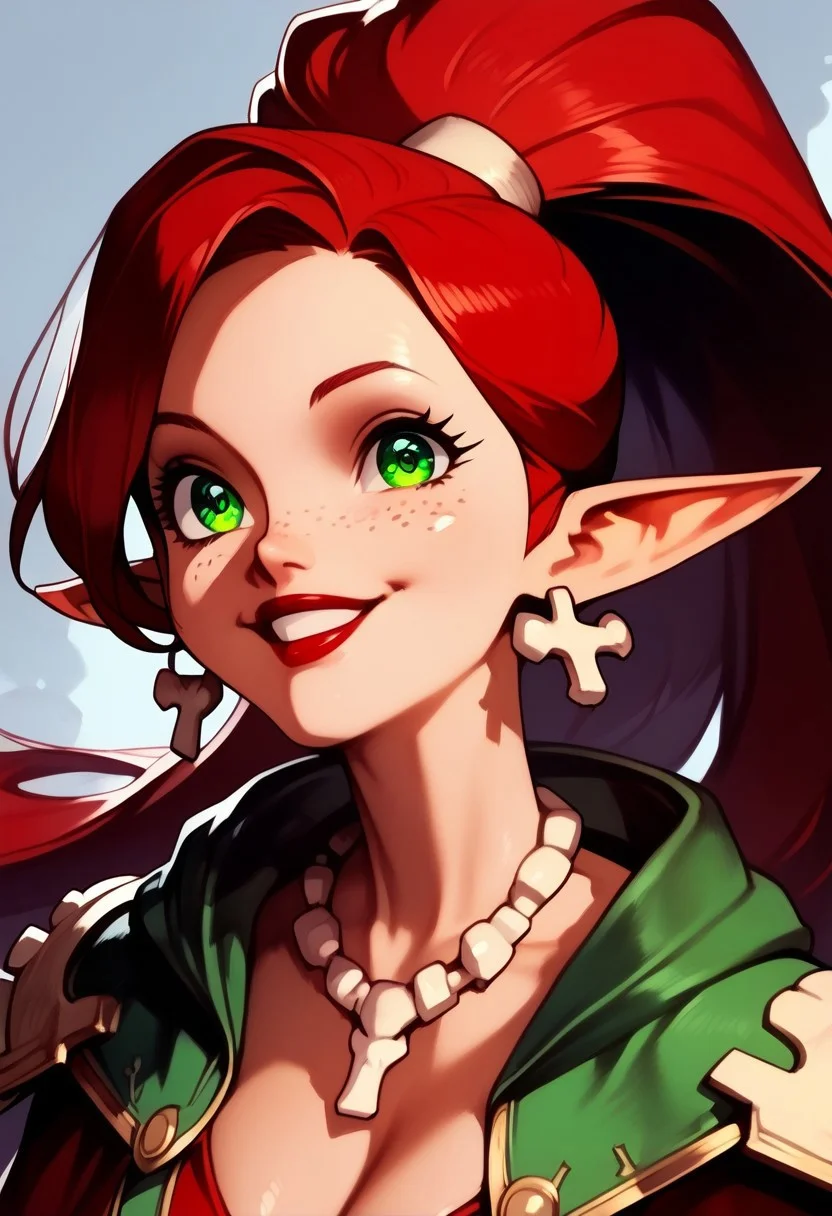 Masterpiece quality, high detail, score_7_up, score_8_up, score_9, detailed face, detailed eyes, 1girl, elf, high ponytail, absurdly long red hair, very long hair, big hair, green eyes, freckles, tan skin, red lipstick, normal breasts, bone necklace, bone earrings, long green hooded cloak, shoulder armor, head shot, close up, face focus, smiling, grinning, big smile
