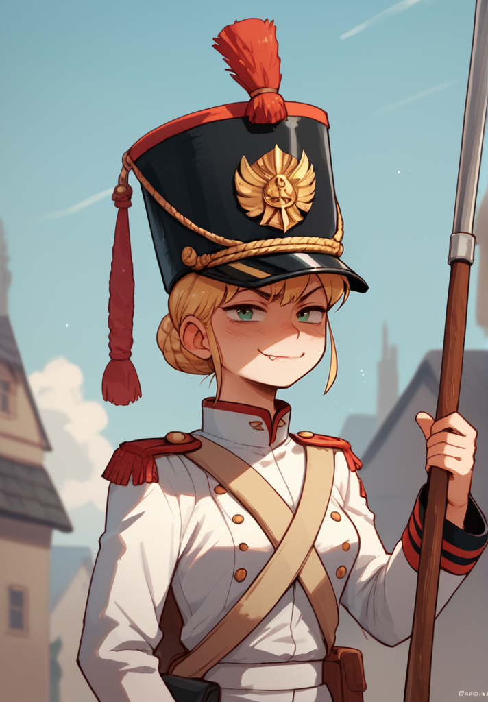 (1girl), <lora:Grenadier:1> grenadier, hat, uniform, military uniform,  <lora:Noss:0.75> noss, cartoon, smug,, score_9, score_8_up, score_7_up, score_6_up, score_5_up, score_4_up, BREAK