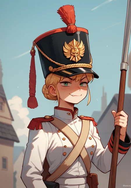 (1girl), <lora:Grenadier:1> grenadier, hat, uniform, military uniform, <lora:Noss:0.75> noss, cartoon, smug,, score_9, score_8_up, score_7_up, score_6_up, score_5_up, score_4_up, BREAK