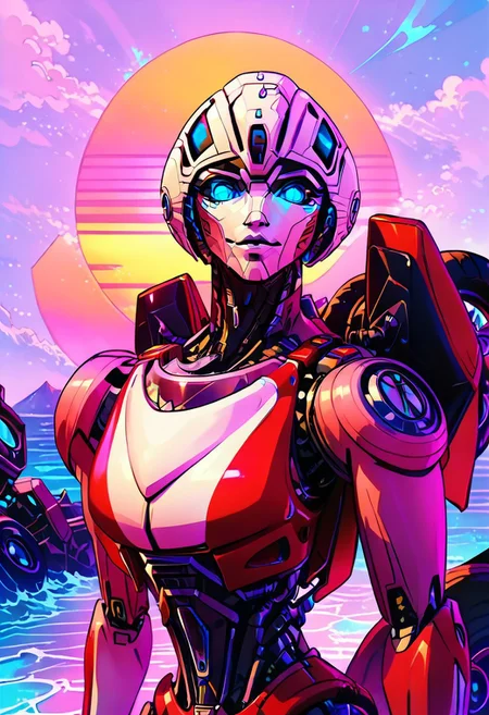 score_9, score_8_up, score_7_up, screencap, detailed eyes, looking at viewer, bust shot, white background, character sheet, multiple views, ArceeROTB, autobot, 1girl, solo, red and white body, mechanical parts, robot, helmet-like head, robotic face, glowing blue optics, wheels on back, ducati printed on right leg, autobot forehead symbol, fairing-like chest, blue eyes, narrow waist, synthwave, vaporwave, wave, lasers, sunset, synthwave-galaxy, unique pose, unique angle
