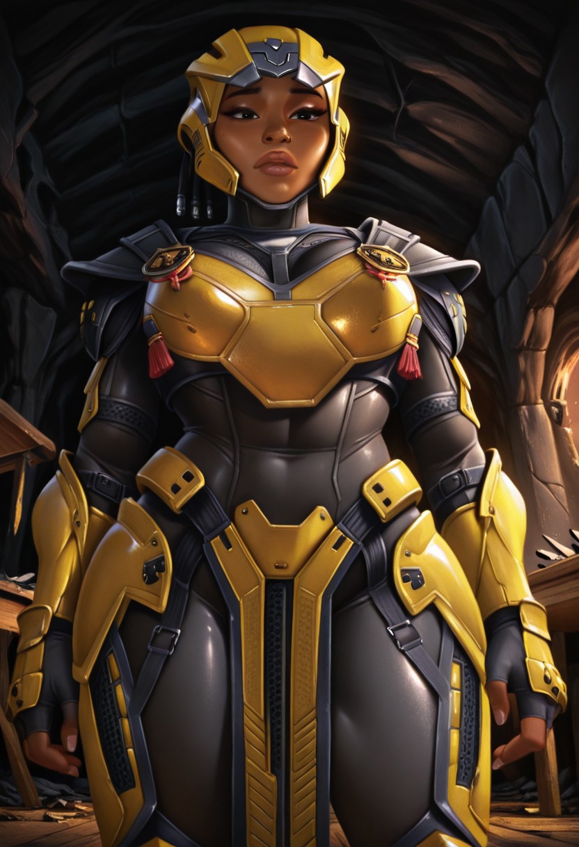 Solo, sektor, Cyrax, Helmet, dark-skinned female, lips, black eyes, Black bodysuit, shoulder armor, breastplate, gauntlets, fingerless gloves, leg armor, pelvic curtain, large breasts, standing, from below, close up, indoor abandoned cave, brown floor, broken chairs, black walls, tables chairs,