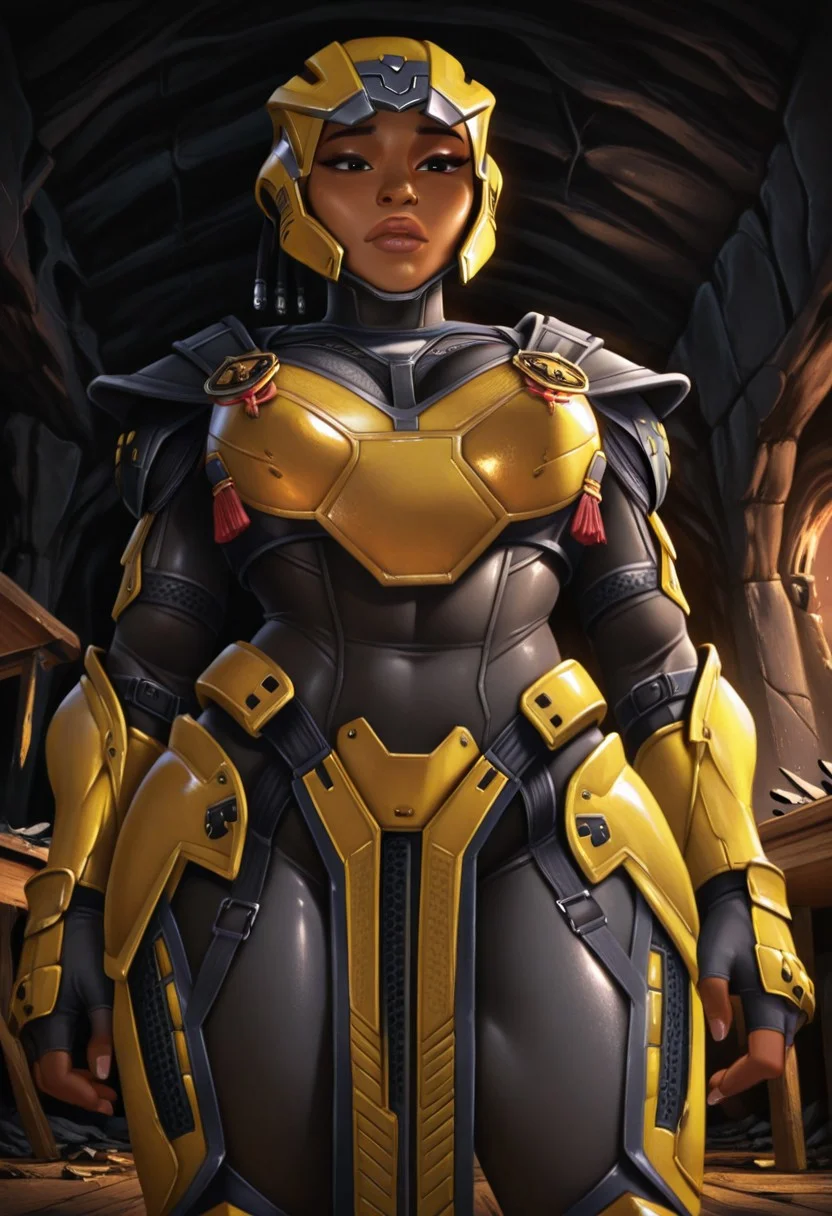 Solo, sektor, Cyrax, Helmet, dark-skinned female, lips, black eyes, Black bodysuit, shoulder armor, breastplate, gauntlets, fingerless gloves, leg armor, pelvic curtain, large breasts, standing, from below, close up, indoor abandoned cave, brown floor, broken chairs, black walls, tables chairs,