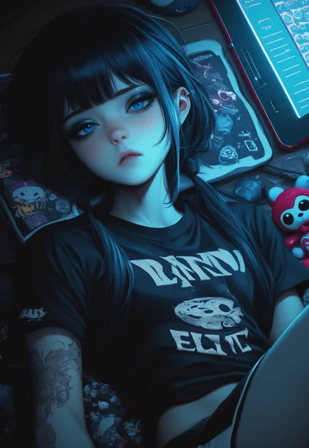 score_9, score_8_up, score_7_up,BREAK
dark theme,night, low light, sleepy eyes,
1girl, 20 years old,messy,skinny,emaciated,
black twintails, goth, blue eyes, freckles, tattoo, multiple scars,eyes, grey eyeshadow, exhausted,
side bangs, expressionless, toys, keyboards,tablet pc, dolphin shorts, neon palette, wooden floor, holding phone,