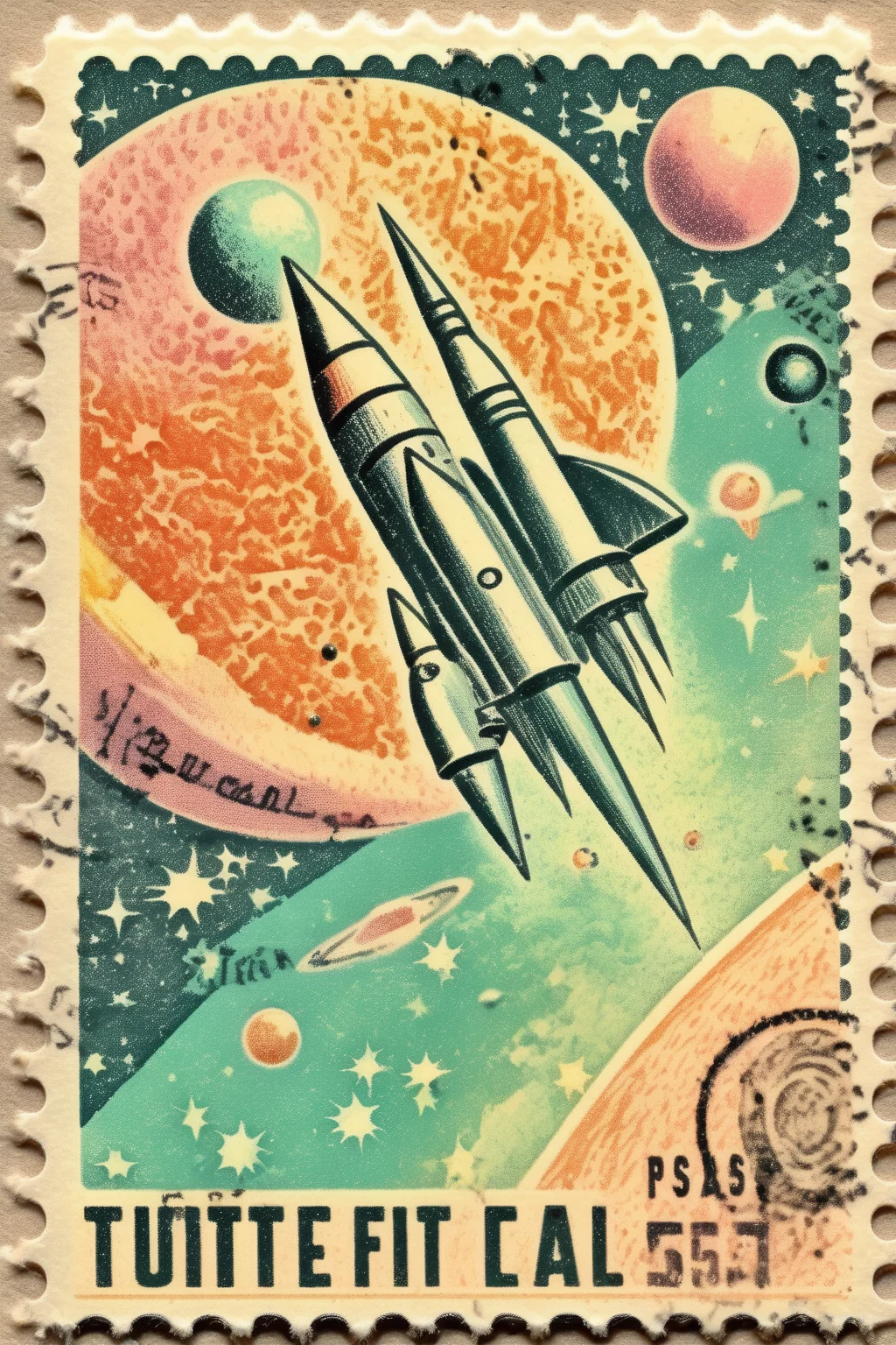 <lora:Vintage Postage Stamps:1>Vintage Postage Stamps - vintage postage stamp in pastel colors with outer space