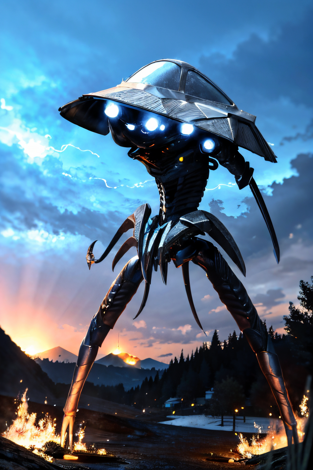 (view from front), explosions in the background, night sky, (Realisitc:1.5), giant alien EdobTWOTWTripod creature with claws, <lora:EdobTheWarOfTheWorldsTripod_v1.0:1>