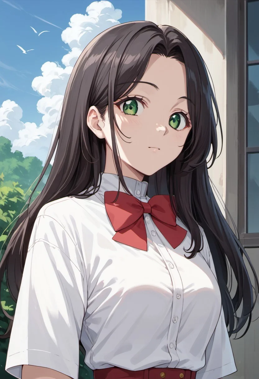 score_9, score_8_up, score_7_up, source_anime, liz cather, long hair, black hair, green eyes, 1girl, solo, red bow, bow, looking at viewer, outdoors, day, bowtie, white shirt, shirt, sky