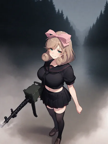 masterpiece, best quality, good quality, masterpiece, best quality, very aesthetic, (tsuvida:0.5)
(solo:1.4), Haruka_IL, light brown hair, short hair, drill hair, hair ribbon, green eyes, large breasts, BREAK, hebijo_outfit, school uniform, black sailor collar, black tie, black serafuku, black shirt, black skirt, pleated skirt, crop top, short sleeves, black legwear, brown loafers
holding machine gun, machine gun, two hands holding
full body, dark forest, fog, (smoke:1.3)
<lora:Haruka_IL:1>
<lora:ponyv5_noobE11_1_adamW:0.7>
<lora:ai_styles_collection_noob_vpred-0.6_v3:0.5>