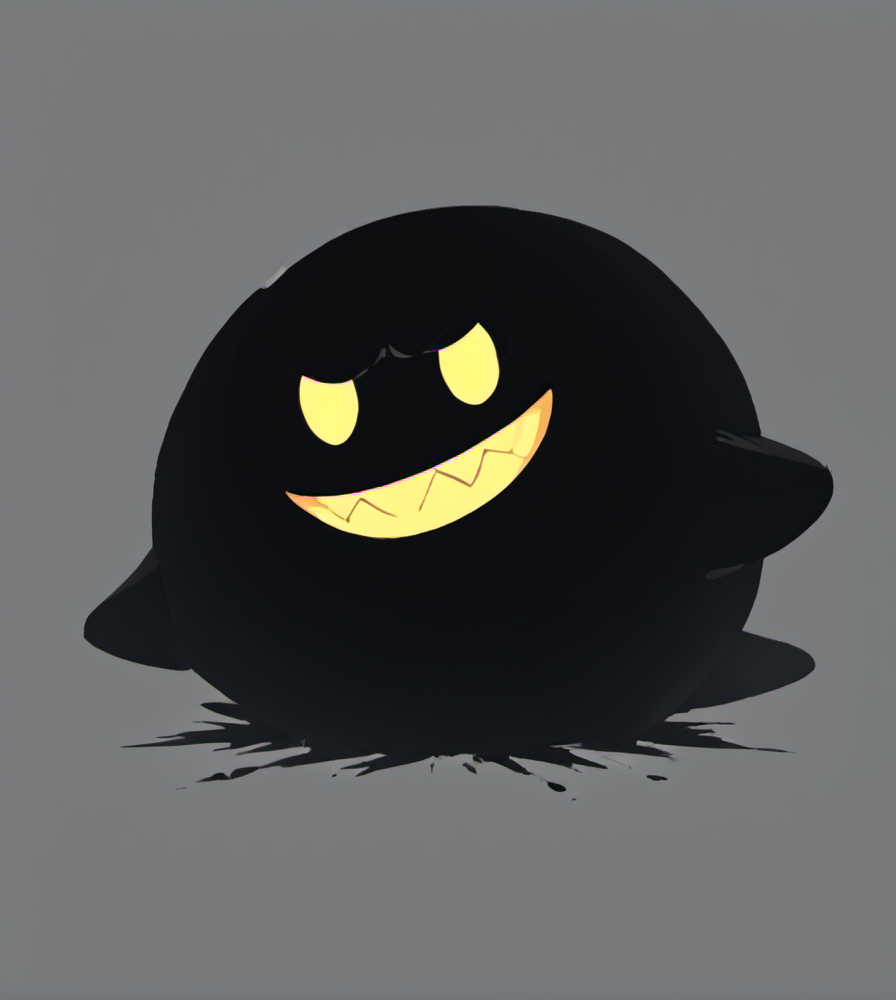 score_9, score_8_up, score_7_up, high res:1.5, digital media (artwork), lineless:1.5, under shade, b0mb00, black body, yellow eyes, sharp teeth, smile, toothy grin, front view, explosion, in front of explosion, <lora:Boo_and_friends_-_Super_Mario:1>
