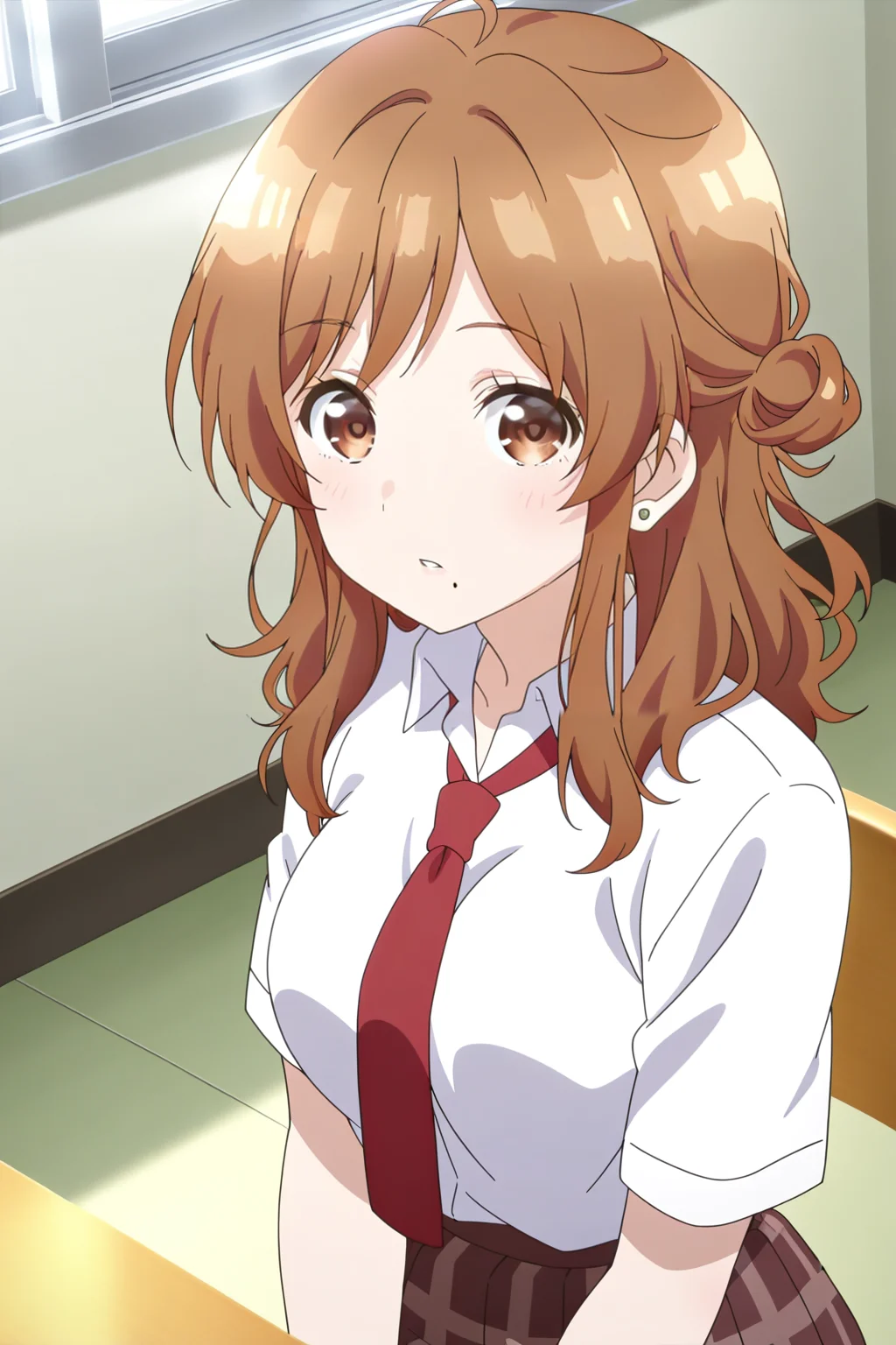 anime screenshot, izumi yuzu, 1girl, solo, brown hair, long hair, single side bun, brown eyes, mole under mouth, large breasts, school uniform,white shirt, collared shirt, short sleeves, red necktie, brown skirt, plaid skirt, pleated skirt, earrings, looking at viewer, parted lips, sitting, cowboy shot, indoors, chair, desk, masterpiece, best quality, high quality, highres, absurdres,
<lora:izumi_yuzu_ILXL:0.9>