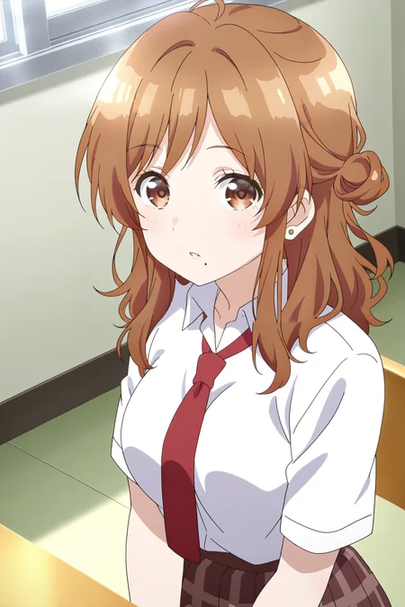 anime screenshot, izumi yuzu, 1girl, solo, brown hair, long hair, single side bun, brown eyes, mole under mouth, large breasts, school uniform,white shirt, collared shirt, short sleeves, red necktie, brown skirt, plaid skirt, pleated skirt, earrings, looking at viewer, parted lips, sitting, cowboy shot, indoors, chair, desk, masterpiece, best quality, high quality, highres, absurdres,
<lora:izumi_yuzu_ILXL:0.9>