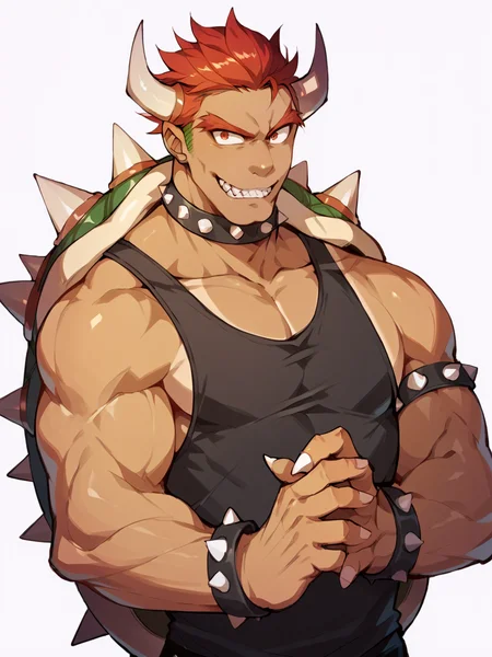 score_9, score_8_up, score_7_up, score_6_up, score_5_up, <lora:bowserXLP:1> bowser, spikes, 1boy, horns, solo, red hair, muscular, human, tan, black tank top