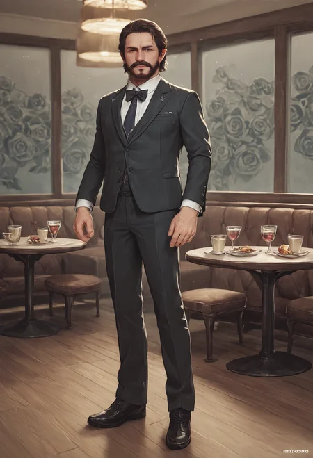 score_9, score_8_up, score_7_up, BREAK 1boy, solo, looking at viewer, full body,
beard, mustache, short hair,
standing, suit, formal,
indoors, restaurant, detailed background <lora:Deacon_St._John:1>