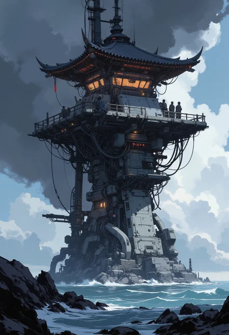 manga, anime, inksketch, minimalist digital illustration, A digital artwork in the style of cknc, a wabi sabi watchtower with a landing platfrom, the surface is water, dramatic storm in background
S1n0z1ck style, A digital artwork in the style of bladerunner.