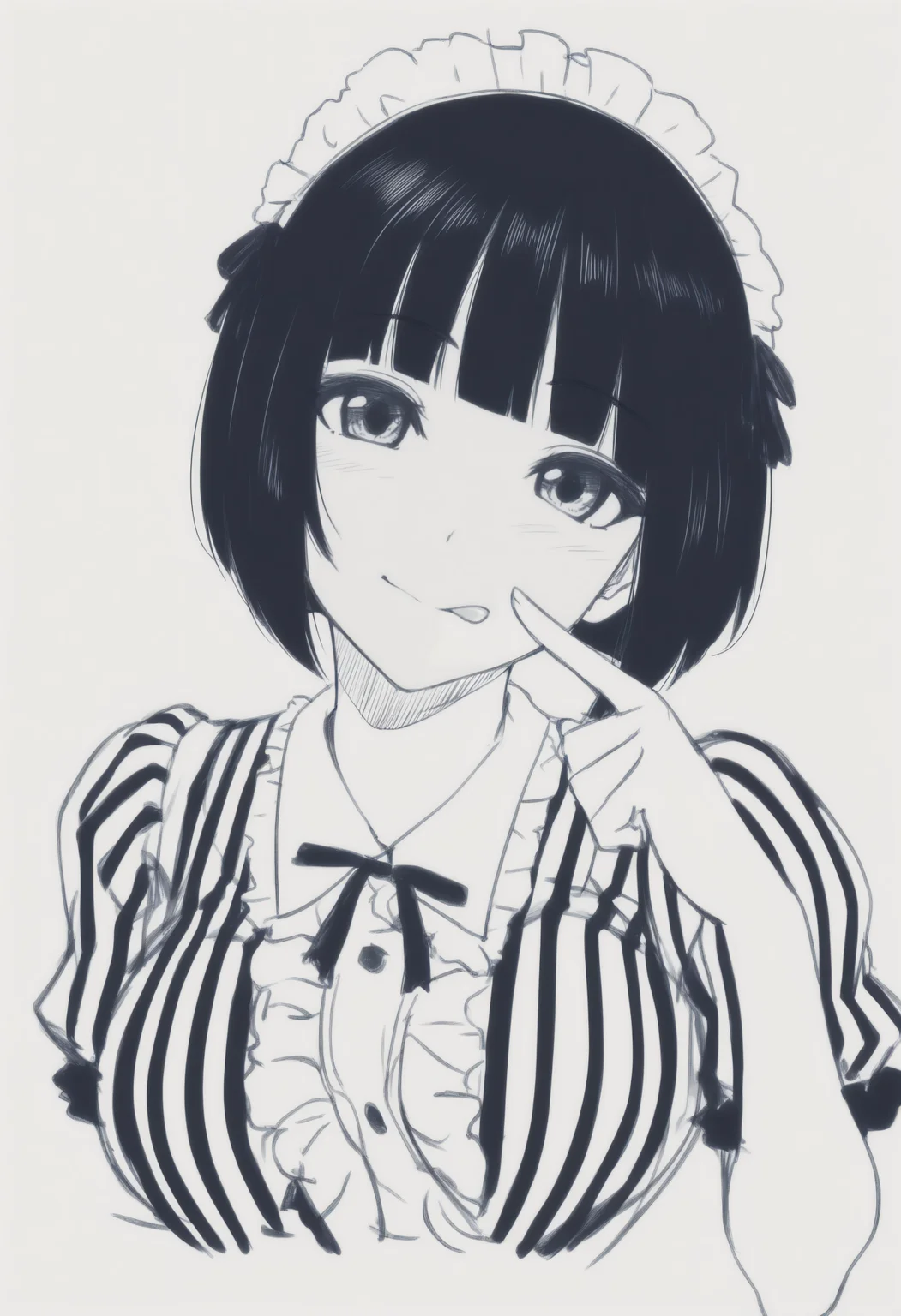 masterpiece, best quality, 1girl, solo, 0n0Shiragiku, short hair, bob cut, maid headdress, black ribbon, striped dress, center frills, puffy short sleeves, white apron, simple background, cropped torso, looking at viewer, head tilt, seductive smile, tongue out, licking lips, finger to cheek, greyscale, monochrome, lineart, sketch, graphite \(medium\), traditional media, <lora:ChamOnoShiragikuNoob:1>