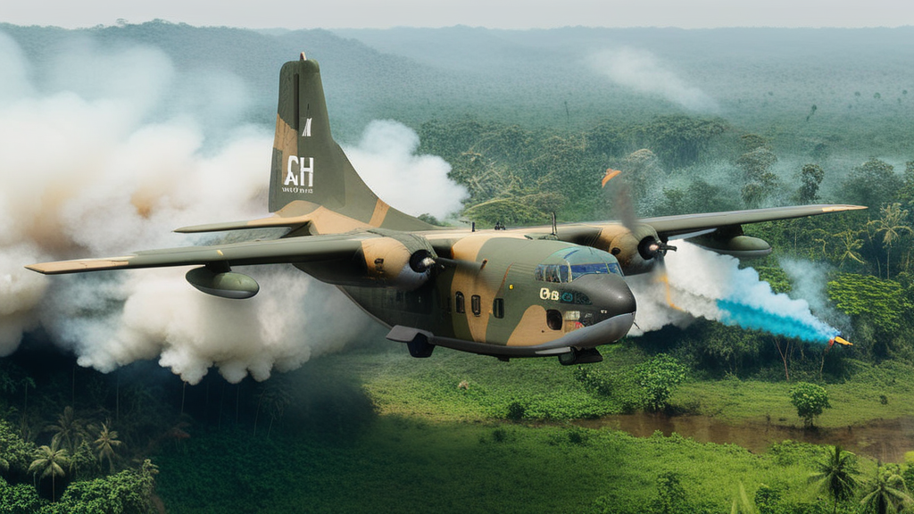 cinematic movie still of USAF (AIR_C123:2) flying over a village in a jungle, extremely detailed, viet nam, spraying white fog behind it, village on fire below, hyperdetailed, shallow depth of field, f1.4,  <lora:AC_C123:1>