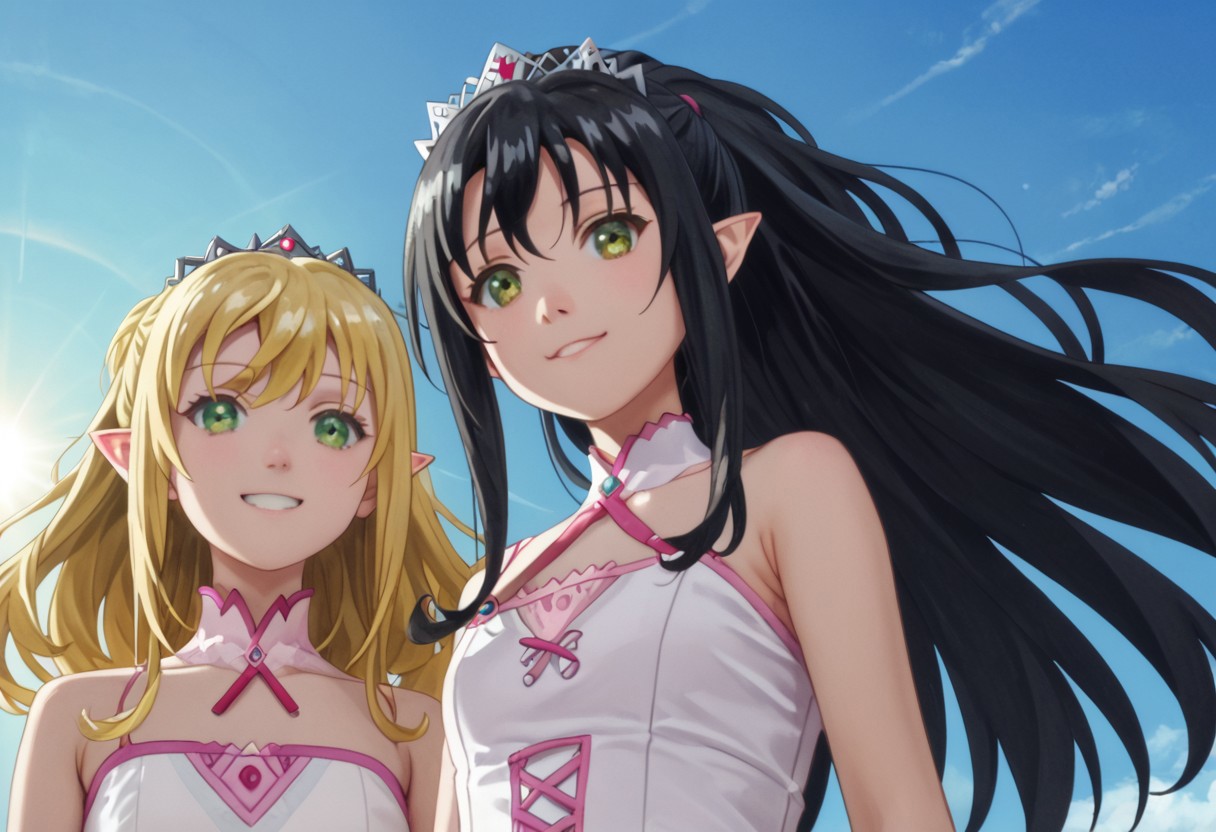 score_9, score_8_up, score_7_up, (((from Front and from below))),
at the beach, sun goes down,3female, little smile,
1, Yue, blonde hair, very long hair, red eyes,
2, Liliana, long hair, blonde hair, ponytail, tiara, green eyes,
3, Tio, yellow eyes, pointy ears, black hair, hair ornament,