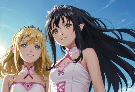 score_9, score_8_up, score_7_up, (((from Front and from below))),
at the beach, sun goes down,3female, little smile,
1, Yue, blonde hair, very long hair, red eyes,
2, Liliana, long hair, blonde hair, ponytail, tiara, green eyes,
3, Tio, yellow eyes, pointy ears, black hair, hair ornament,