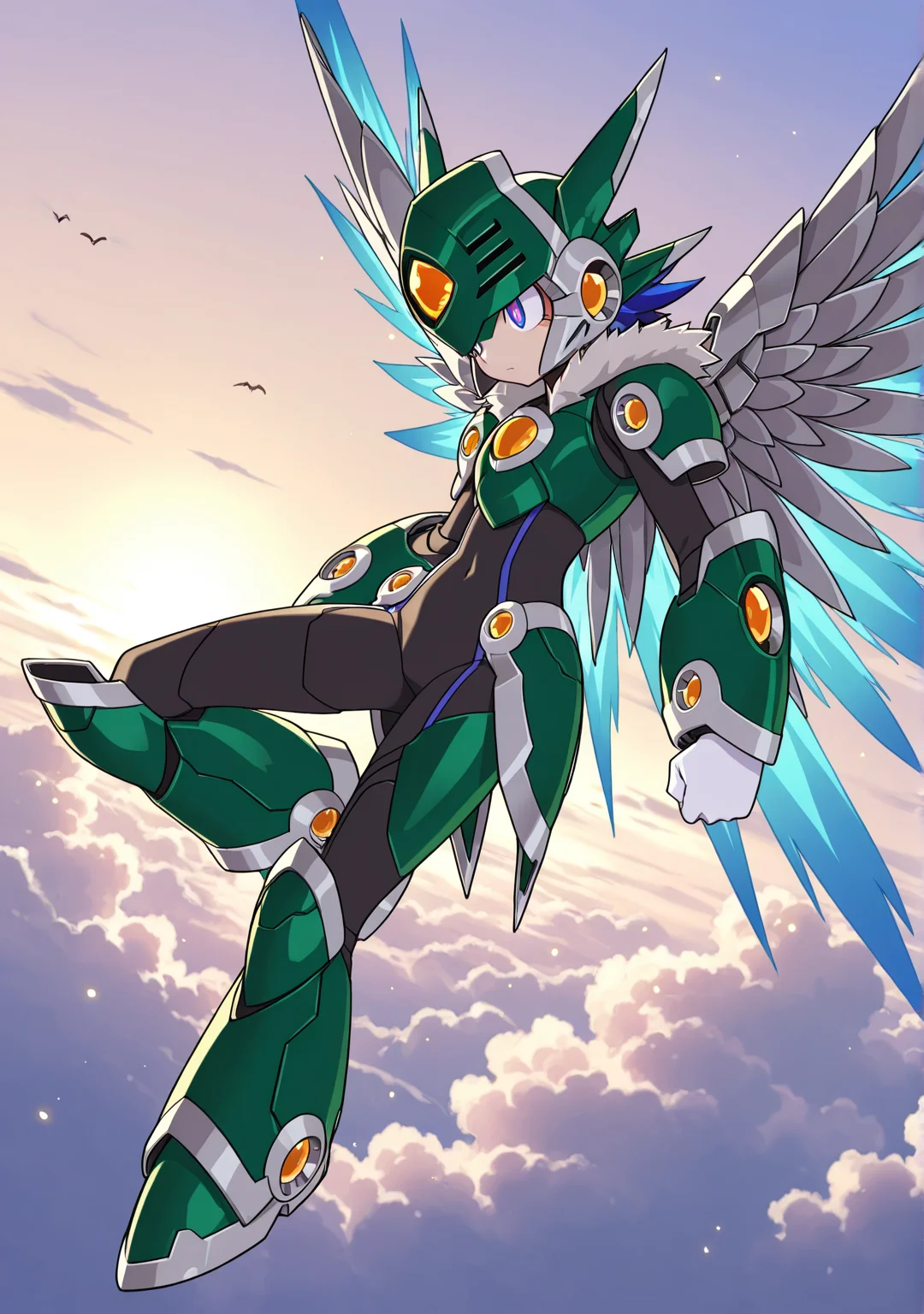 masterpiece,best quality,amazing quality, XOVER, robot armor, black bodysuit, feathered helmet, wrist armor, shoulder armor, chest armor, waist armor, orange gem, leg armor, robot ears, white gloves, solo, green armor, streaked armor, blue streaks, blade arm, metal wings, sky, clouds, midair, flying, leg up, violet eyes