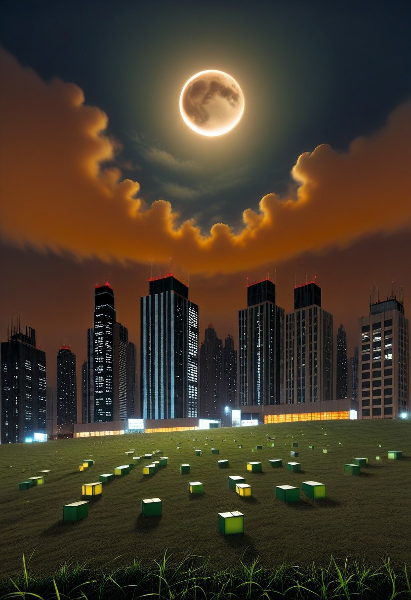 a huge hilly field covered with grass with partially clayey inclusions, green and brown boxes are visible very far away, also behind the hills narrow black skyscrapers with white windows with a yellowish tint are visible, green and brown boxes are visible far away, a dimly lit and dull black building with an orangish glow from sunset, you can see a small white bright advertisement with incomprehensible outlines, black skyscrapers with light yellow windows topped with metal structures standing right in the middle of the field reflect the light of the moon, in the distance you can see small two-story buildings with very small windows and a chimney, a little closer near the skyscrapers you can also see small two-story buildings buildings with very small windows and a chimney, not all skyscrapers are topped with metal structures, the sky on the horizon is from dark red to yellowish which sees off the departing sun, the moon is on the opposite side, the sky is soft blue topped by the moon on the opposite side of the sun, and a few stars, clouds light white very transparent barely visible,