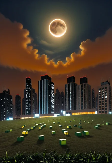 a huge hilly field covered with grass with partially clayey inclusions, green and brown boxes are visible very far away, also behind the hills narrow black skyscrapers with white windows with a yellowish tint are visible, green and brown boxes are visible far away, a dimly lit and dull black building with an orangish glow from sunset, you can see a small white bright advertisement with incomprehensible outlines, black skyscrapers with light yellow windows topped with metal structures standing right in the middle of the field reflect the light of the moon, in the distance you can see small two-story buildings with very small windows and a chimney, a little closer near the skyscrapers you can also see small two-story buildings buildings with very small windows and a chimney, not all skyscrapers are topped with metal structures, the sky on the horizon is from dark red to yellowish which sees off the departing sun, the moon is on the opposite side, the sky is soft blue topped by the moon on the opposite side of the sun, and a few stars, clouds light white very transparent barely visible,