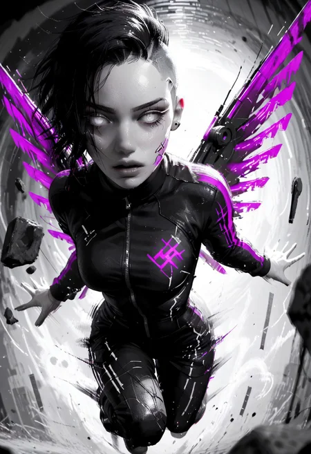 score_9, score_8_up, score_7_up, score_6_up, score_5_up,  g0th1c, glowing eyes, neon lights, 1girl, purple track suit, leather clothing, long black hair, undercut, tattoos, cyberwings, (glitch), aggressive pose, dynamic pose, dynamic angle, flying, floating, zooming, motion lines, motion blur, depth of field, painting, nxhqt, monochrome, greyscale,