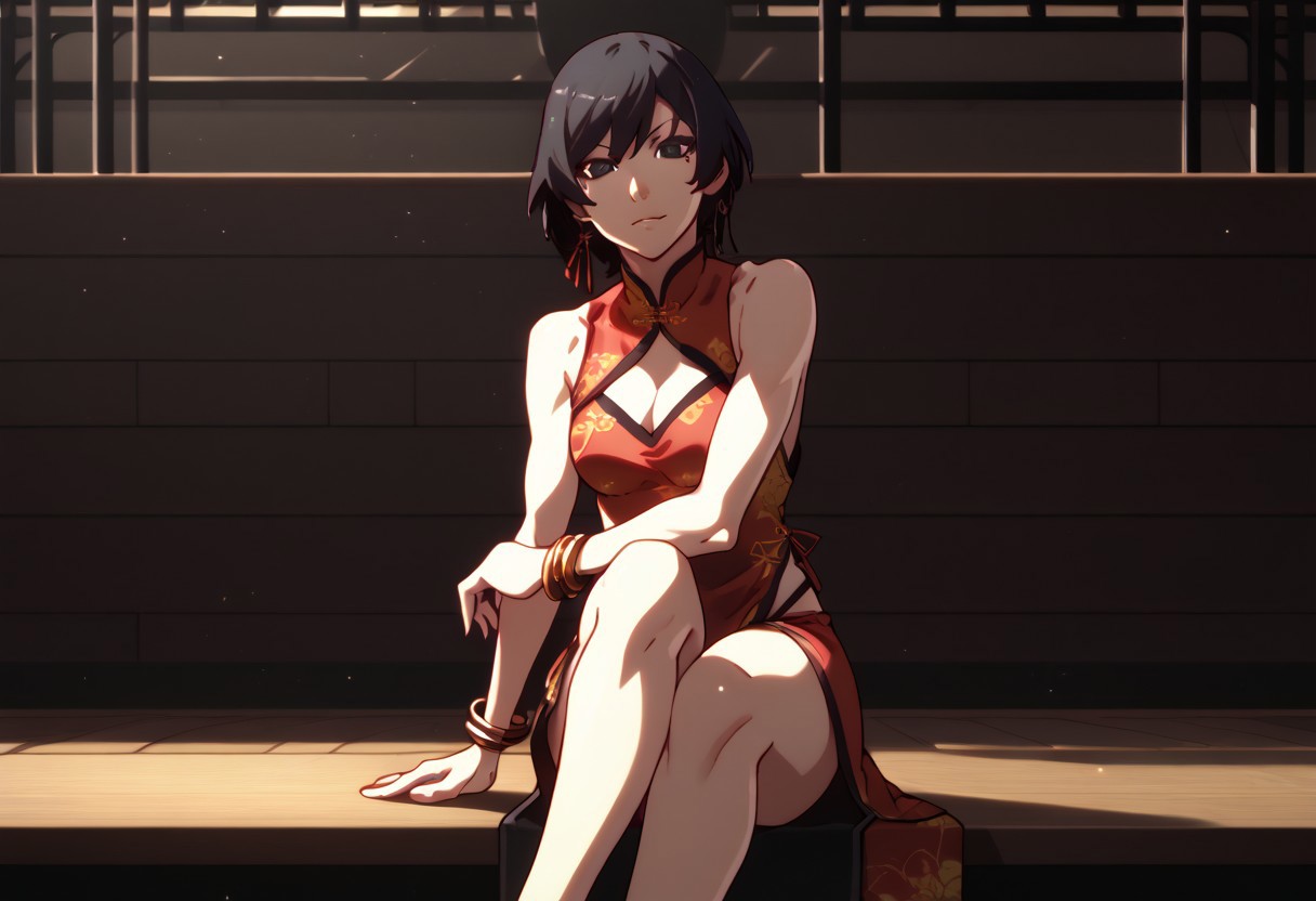 score_9, score_8_up, score_7_up, ,source_anime, solo, Monogatari_Style, looking at viewer, <lora:Beckoning_XLPD:1.10>, beckoning, reaching towards viewer, hair_between_eyes, jewelry, :3, black eyes, 
chinese clothes, medium breasts, cleavage, sideboob, bangles, sitting, crossed legs,