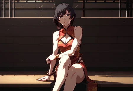 score_9, score_8_up, score_7_up, ,source_anime, solo, Monogatari_Style, looking at viewer, <lora:Beckoning_XLPD:1.10>, beckoning, reaching towards viewer, hair_between_eyes, jewelry, :3, black eyes, 
chinese clothes, medium breasts, cleavage, sideboob, bangles, sitting, crossed legs,