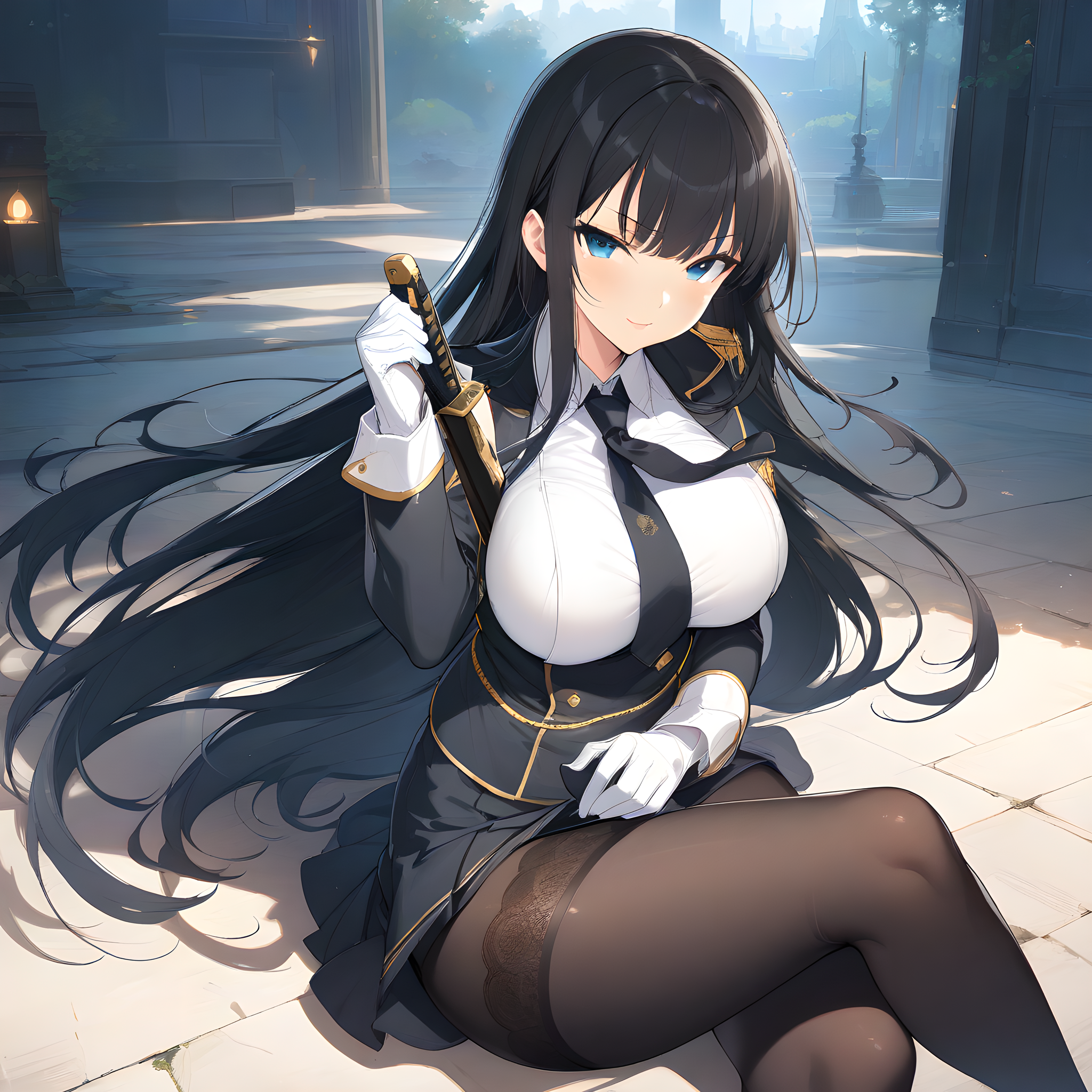 (masterpiece),(best quality),(ultra-detailed),(best illustration),(best shadow),(absurdres),(detailed background),(very aesthetic), ikaruga(sk), 1girl, weapon, sword, long hair, breasts, pantyhose, solo, black hair, gloves, large breasts, necktie, sitting, white gloves, blue eyes, black pantyhose looking at viewer, seductive smile, <lora:XL-IkarugaSK:1>