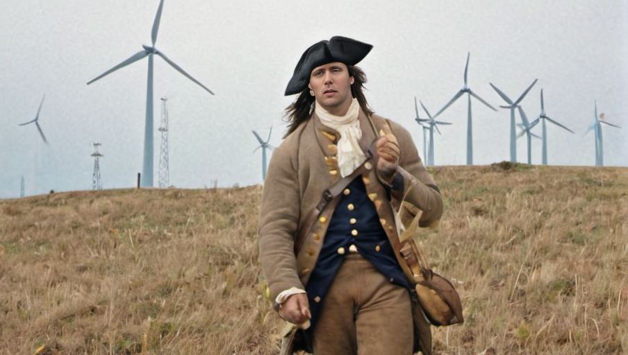<lora:Roger_Deakins_Cinematography_XL:1>, American Revolution, wind farm,, movie still, Romance Genre