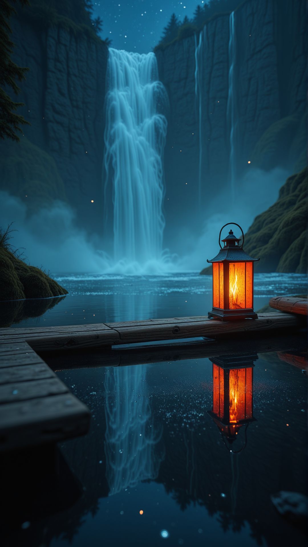 A waterfall cascades from a fractured sky, pouring into a circular lake that glows in the darkness. On the surface, stars ripple, though no sky is visible. At the water’s edge, a wooden bench rests, its legs slightly submerged, while a single lantern floats above, its flame eerily still. 
, aidmaimageupgrader  <lora:aidmaImageUpgrader-v0.3-IL:0.75>