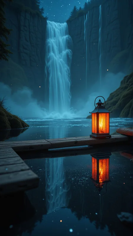 A waterfall cascades from a fractured sky, pouring into a circular lake that glows in the darkness. On the surface, stars ripple, though no sky is visible. At the water’s edge, a wooden bench rests, its legs slightly submerged, while a single lantern floats above, its flame eerily still.
, aidmaimageupgrader <lora:aidmaImageUpgrader-v0.3-IL:0.75>
