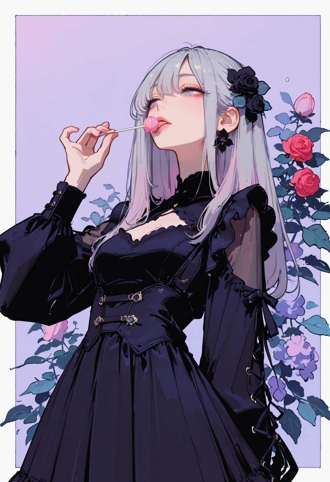 masterpiece, best quality, good quality, newest, highres, absurdres, from below,
pastel cyan eyes, grey hair, multi colored hair, long hair, hair ornament, twintale, 
victorian black maid dress, frilled skirt, half closed eyes, dazed, emotionless, small breasts, cleavage, adult,
1girl, solo, upper body, roses, hand up, licking lollipop, looking to the side, leaf, red roses, black roses, gradient purple background with thick white border,
hydrangea, laced sleeves, Ethereal Brushstroke, Flat vector illustration, rakugakingu, 
<lora:ppw_v7_animv4_1_r2:0.6> <lora:748cm_illu:0.6> 7481llu <lora:69yottea_illu_v2:0.4> <lora:illustrious_all_rated_v1:0.6> masterpiece, best quality, very aesthetic, <lora:LLDN-IL:0.6>