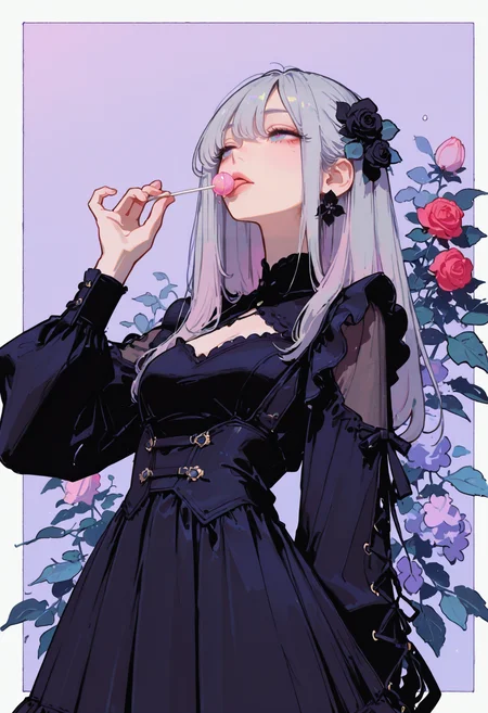 masterpiece, best quality, good quality, newest, highres, absurdres, from below,
pastel cyan eyes, grey hair, multi colored hair, long hair, hair ornament, twintale, 
victorian black maid dress, frilled skirt, half closed eyes, dazed, emotionless, small breasts, cleavage, adult,
1girl, solo, upper body, roses, hand up, licking lollipop, looking to the side, leaf, red roses, black roses, gradient purple background with thick white border,
hydrangea, laced sleeves, Ethereal Brushstroke, Flat vector illustration, rakugakingu, 
<lora:ppw_v7_animv4_1_r2:0.6> <lora:748cm_illu:0.6> 7481llu <lora:69yottea_illu_v2:0.4> <lora:illustrious_all_rated_v1:0.6> masterpiece, best quality, very aesthetic, <lora:LLDN-IL:0.6>