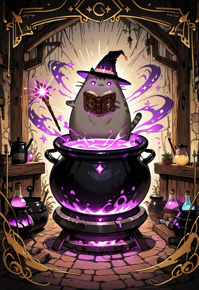masterpiece, best quality, 
zzShadowMagic,
   pusheen, dressed as a wizard, holding a wand, magic sparkles, spellbook, cauldron, glowing potion     ,