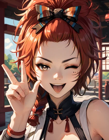 score_9, score_8_up, score_7_up, ch1x1a,
rating_safe,source_anime,
solo, tongue, wink, smile,open mouth, looking at viewer, one eye closed, e v sign, official_costume, 
fantasy background, east asian architecture,
 <lora:Chixia_Wuthering_waves_v2:0.9>