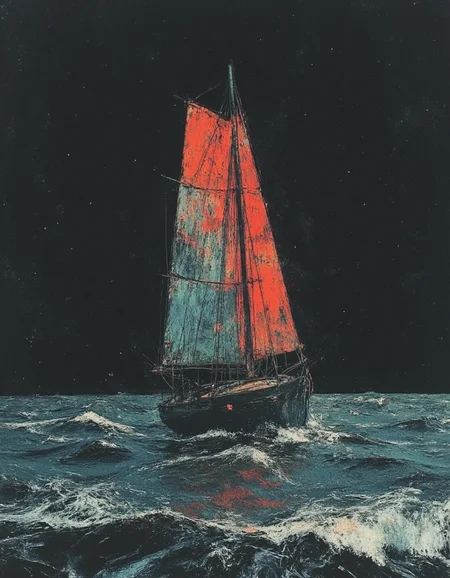 dark digital art of a sailboat in heavy sea, surreal and abstract