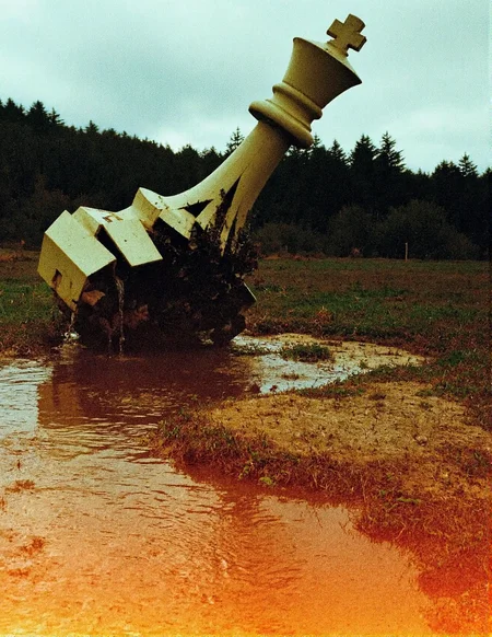 8n8log, twenty storey King chess piece, on its side, broken in many pieces, partially covered in vegetation,  water flowing in cracks, surrounded by a countryside landscape, vivid colors.
film photography aesthetic, film grain effect prominent throughout image, high contrast lighting creating dramatic shadows, grainy film-like texture, amateurish quality, candid style