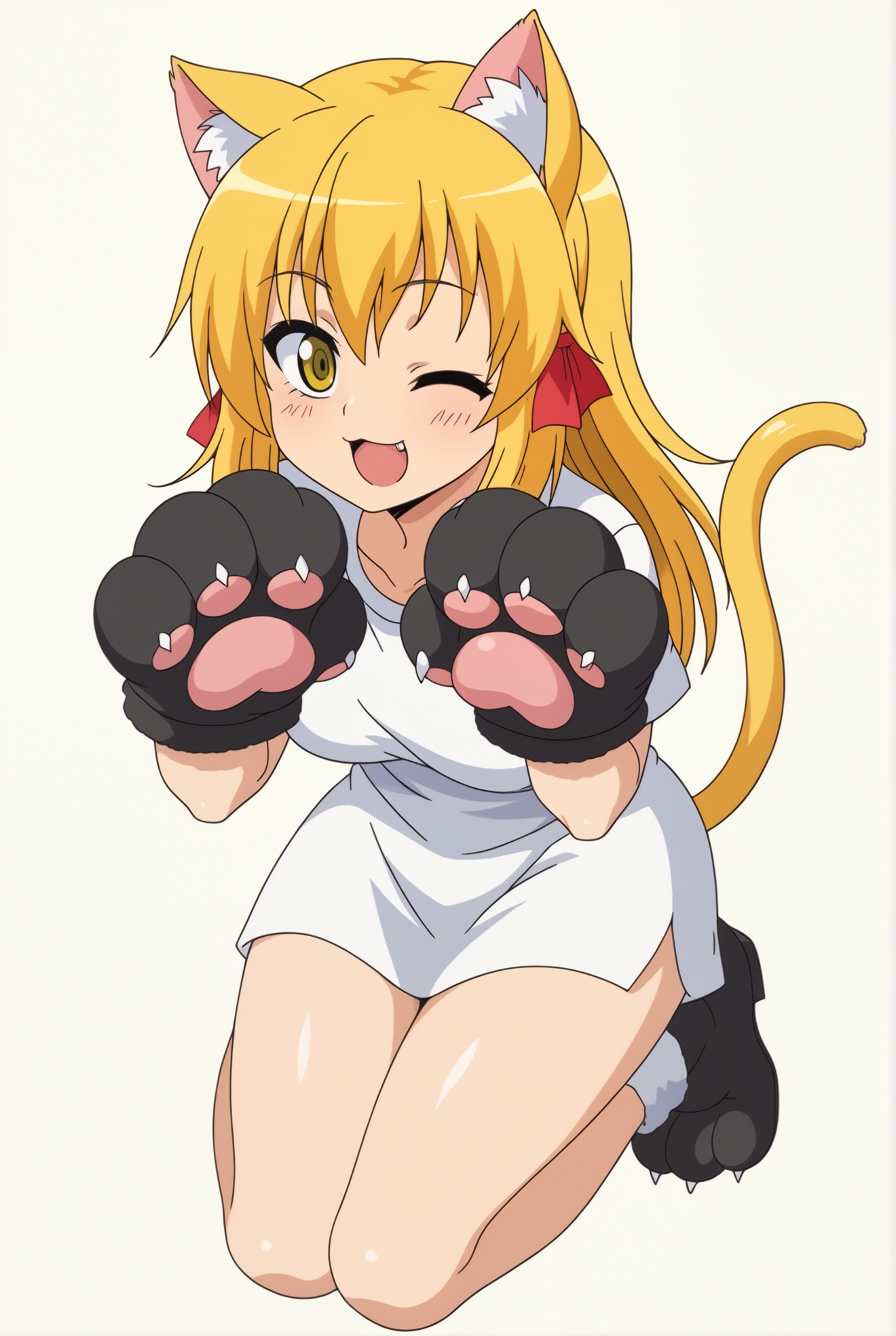 <lora:Asuka_Sawashiro:0.8>, white background, Sawashiro, 1girl, one eye closed, solo, animal ears, tail, white background, cat ears, cat tail, paw gloves, full body
