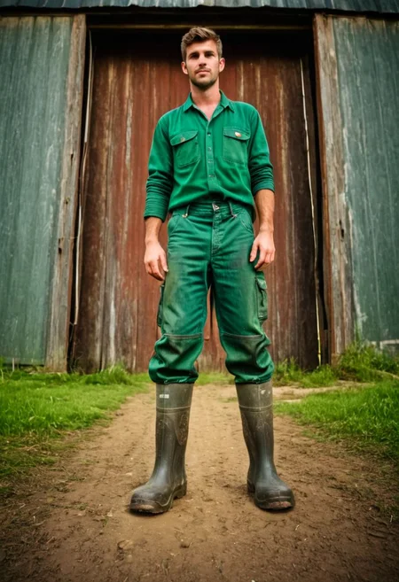 full body photography of a young farmer wearing dirty rubber boots in front of an old rusty dark barn, wearing green dirty worker pants, 50mm . cinematic 4k epic detailed 4k epic detailed photograph shot on kodak detailed cinematic hbo dark moody, 35mm photo, grainy, vignette, vintage, Kodachrome, Lomography, stained, highly detailed, found footage