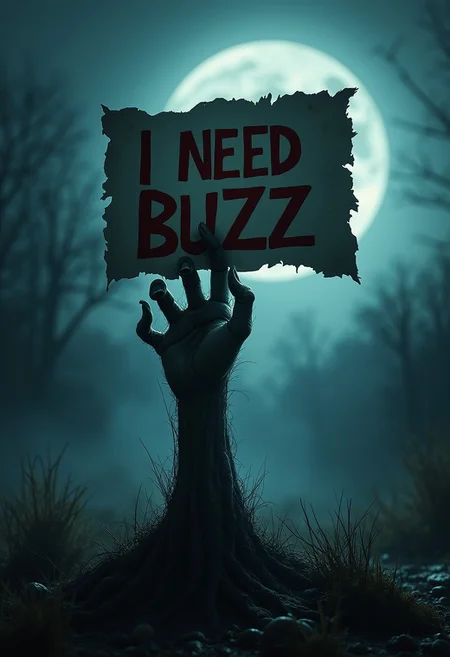 A chilling scene unfolds as a gnarled, spectral hand emerges from the dark, damp earth, clutching a tattered sign that reads "I NEED BUZZ". The hand, with its long, twisted fingers and eerie glow, casts a haunting silhouette against the moonlit backdrop. The sign, fluttering in the cold wind, promises a week of terrifying experiences, setting the stage for a spine-tingling horror event.