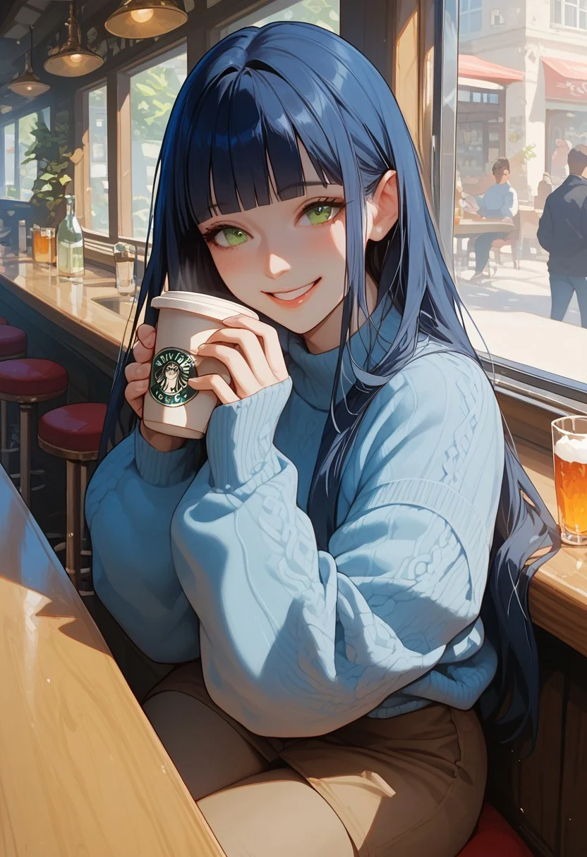 score_9, score_8_up, score_7_up, score_6_up, score_5_up, score_4_up, 1girl, (score_9, score_8_up:1.1),((( long straight hair,1,5))), (dark blue hair:1.5), blunt bangs, (green eyes), voluptuous, pale skin, white pale skin,shy smile ,HD32k, blue sweater, brown pants, sitting, bar, holding a cup of coffee, alone , smiling, looking up, happy, angled view,