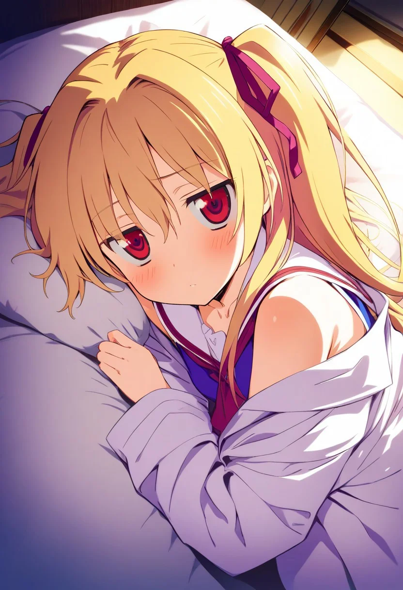 masterpiece, high score, great score, absurdres, 1girl, nikaidou shinku, blonde hair, two side up, <lora:nikaidou_shinkuAM4:1.0>,lab coat,school uniform,room, pleated skirt,bare shoulders, jitome, lie in bed, looking at viewer,