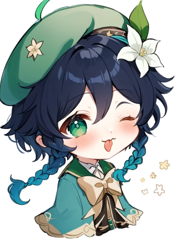 <lora:温迪:1>ï¼venti_\(genshin_impact\), male_focus, 1boy, hat, solo, one_eye_closed, green_headwear, multicolored_hair, tongue, flower, braid, twin_braids, black_hair, gradient_hair, tongue_out, simple_background, white_flower, white_background, blue_hair, beret, chibi, bangs, green_eyes, short_hair_with_long_locks, blush, star_\(symbol\), bow, hat_flower, side_braids, hair_flower