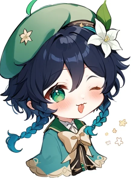 <lora:温迪:1>ï¼venti_\(genshin_impact\), male_focus, 1boy, hat, solo, one_eye_closed, green_headwear, multicolored_hair, tongue, flower, braid, twin_braids, black_hair, gradient_hair, tongue_out, simple_background, white_flower, white_background, blue_hair, beret, chibi, bangs, green_eyes, short_hair_with_long_locks, blush, star_\(symbol\), bow, hat_flower, side_braids, hair_flower