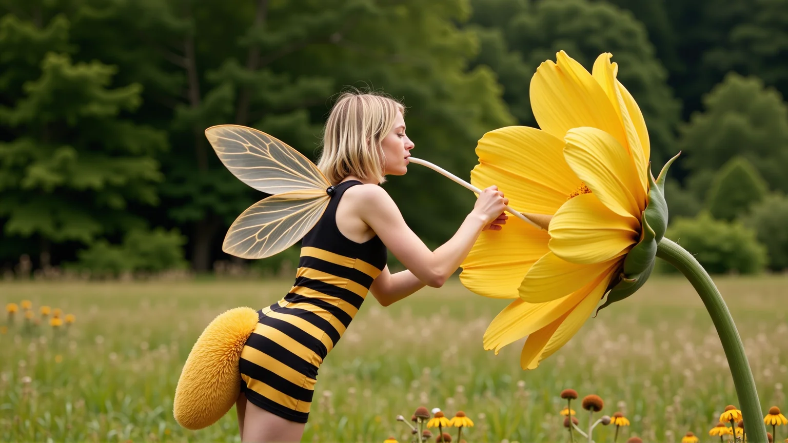cinematic photo a (25 year old girl:1.5), she has huge bee wings attached to her back and bee antennae attached to her head, she's wearing a( black and yellow:1.2) horizontally striped figure hugging lycra minidress, the dress has a human sized (fuzzy bee abdomen attached sticking out at the butt:1.3)
she has blonde hair in a bob cut, she has a slim figure and long legs, she has medium sized breasts
she's hovering in midair in front of a enormous flower, the flower is bigger than the girl, ready to drink it's nectar through a long straw, the straw is held in her hand with the end (stuck into the flower:1.3)
she's in a meadow of enormous wild flowers,, score_9, score_8_up, score_7_up, hyperdetailed, hyperrealistic,  best quality, (masterpiece:1.3),high-definition, intricate details, volumetric lighting, symmetrical face, level eyes, . 35mm photograph, film, bokeh, professional, 4k, highly detailed