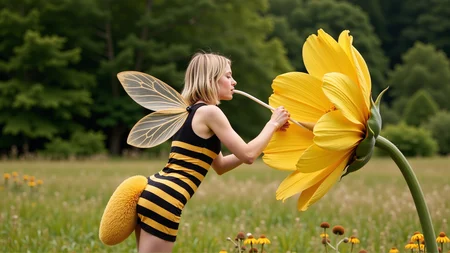 cinematic photo a (25 year old girl:1.5), she has huge bee wings attached to her back and bee antennae attached to her head, she's wearing a( black and yellow:1.2) horizontally striped figure hugging lycra minidress, the dress has a human sized (fuzzy bee abdomen attached sticking out at the butt:1.3)
she has blonde hair in a bob cut, she has a slim figure and long legs, she has medium sized breasts
she's hovering in midair in front of a enormous flower, the flower is bigger than the girl, ready to drink it's nectar through a long straw, the straw is held in her hand with the end (stuck into the flower:1.3)
she's in a meadow of enormous wild flowers,, score_9, score_8_up, score_7_up, hyperdetailed, hyperrealistic, best quality, (masterpiece:1.3),high-definition, intricate details, volumetric lighting, symmetrical face, level eyes, . 35mm photograph, film, bokeh, professional, 4k, highly detailed
