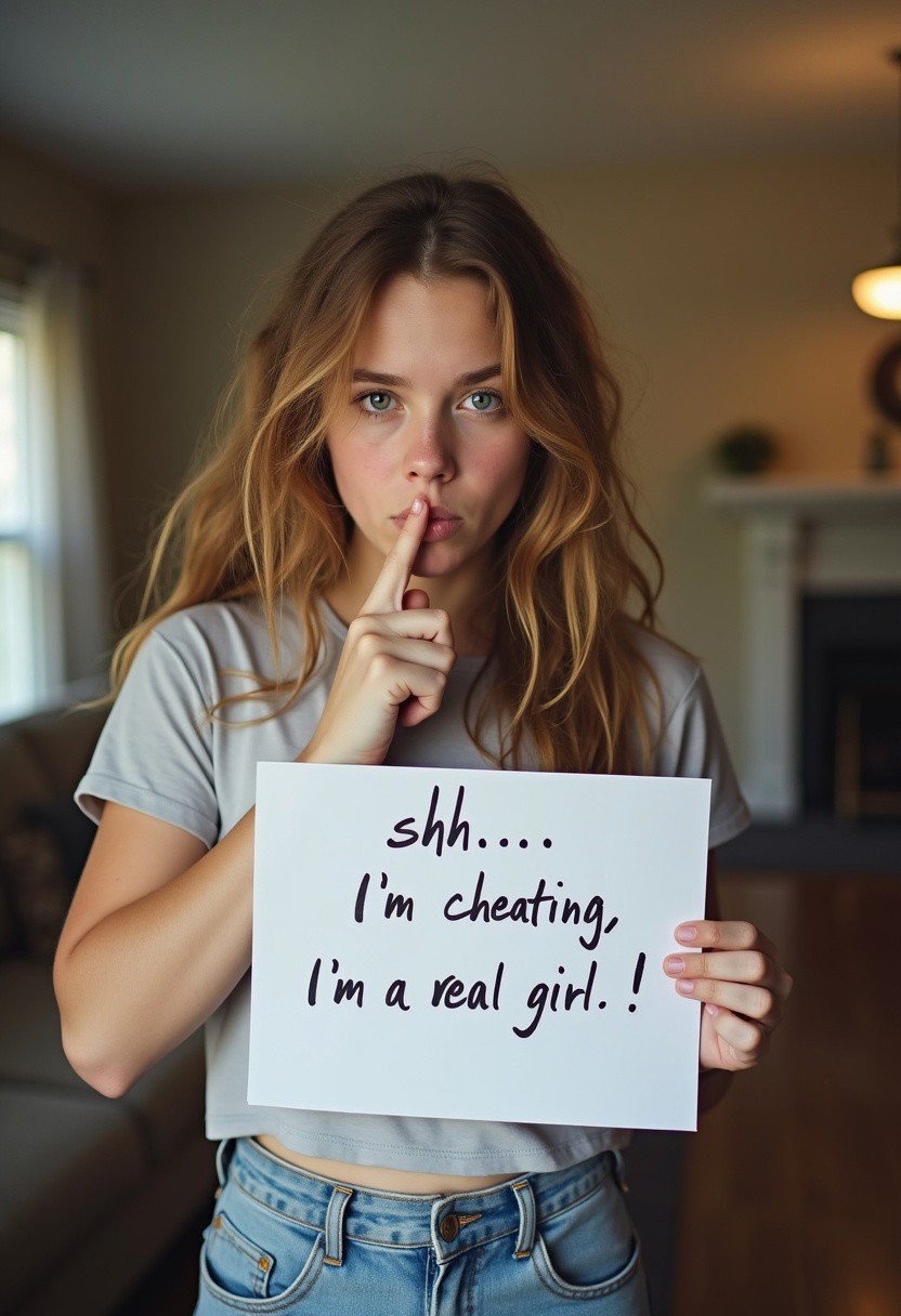 a photograph of an 18 years old girl with disheveled hair, casual clothing, she holds a sign with a handwritten message that reads "shhh... I'm cheating, I'm a real girl" while she puts a finger on her mouth in a shushing gesture, photograph taken with a modern cellphone inside a typical american home
