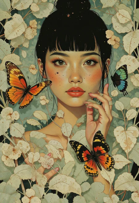 This detailed digital illustration portrays a closeup of a woman with fair skin and sleek, black hair styled with blunt bangs, exuding an ethereal charm. Her large, almond-shaped eyes carry a soft, dreamy expression, while her slightly parted lips suggest quiet wonder. She is enveloped by a dense background of intricately detailed white leaves, with varying shades of green and subtle brown accents, creating a lush, organic texture that fills the frame. Surrounding her are vibrant butterflies, each uniquely detailed and bursting with color. A striking orange-and-yellow butterfly with bold black and white markings flutters near her, while another in vivid red and black adds depth. A third butterfly, blending hues of green and blue, completes the whimsical tableau. The woman's delicate hands emerge gracefully from the foliage, fingers slightly spread as if reaching to gently touch the butterflies, creating an intimate connection between her and the natural elements. Her fair skin blends seamlessly with the leafy surroundings, enhancing the dreamlike quality of the scene. The composition combines realism and fantasy, showcasing meticulous detail, vibrant colors, and a harmonious interplay of nature and human form, resulting in a visually captivating and enchanting artwork.