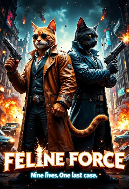 Buddy cop movie poster: "Feline Force." Two muscular anthropomorphic cats in detective trench coats and sunglasses stand back-to-back, each holding a futuristic revolver. One is a grizzled tabby with a cigar, the other a sleek black cat with a smug smirk. Behind them, a neon-lit cityscape glows with crime and chaos. A high-speed car chase and explosion in the background add to the action. The title "Feline Force" is displayed in bold, stylized retro action font, with the tagline below: "Nine lives. One last case." A mix of 80s action flick aesthetics and modern animation detail.
Fantastic lighting. Detailed shadows, intricate details, ((vivid colors,)) hyper-detailed, ultra-sharp in the style of Jed-clrfl R3alisticF midjourneyv6.1